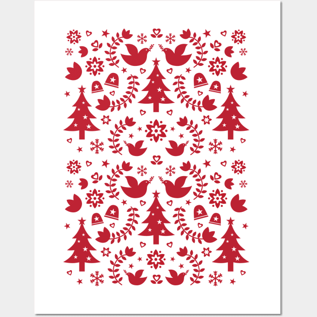 Scandinavian Vintage Christmas Doves Trees Pattern - Red Wall Art by PUFFYP